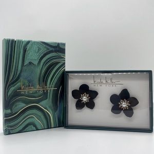 NEW Earrings Black 3D Flowers w/ Pearls & Rhinestones, Nicole Miller New York